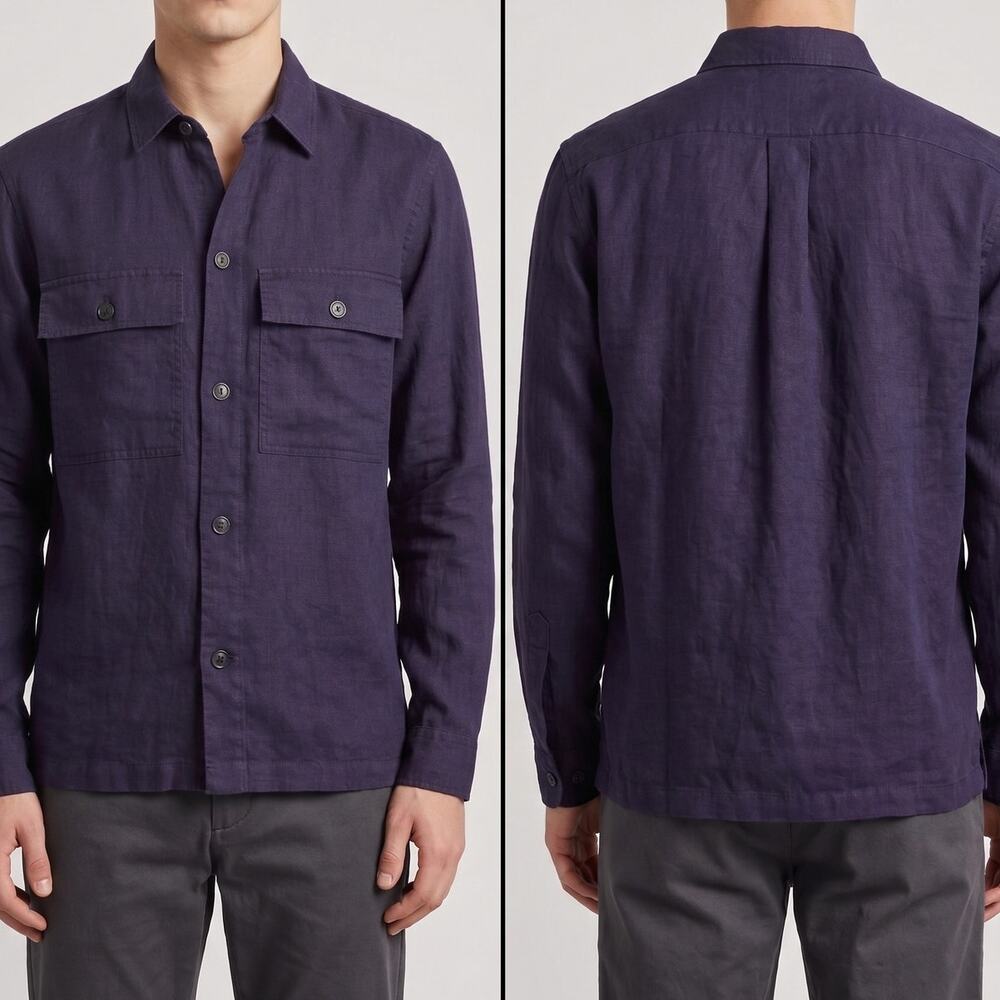 H&M Regular Fit Mens Medium Navy Blue Button Front Linen Shirt with Pockets